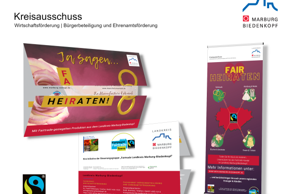 Bildcollage: FairHeiraten-Flyer und FairHeiraten-Rollup Banner