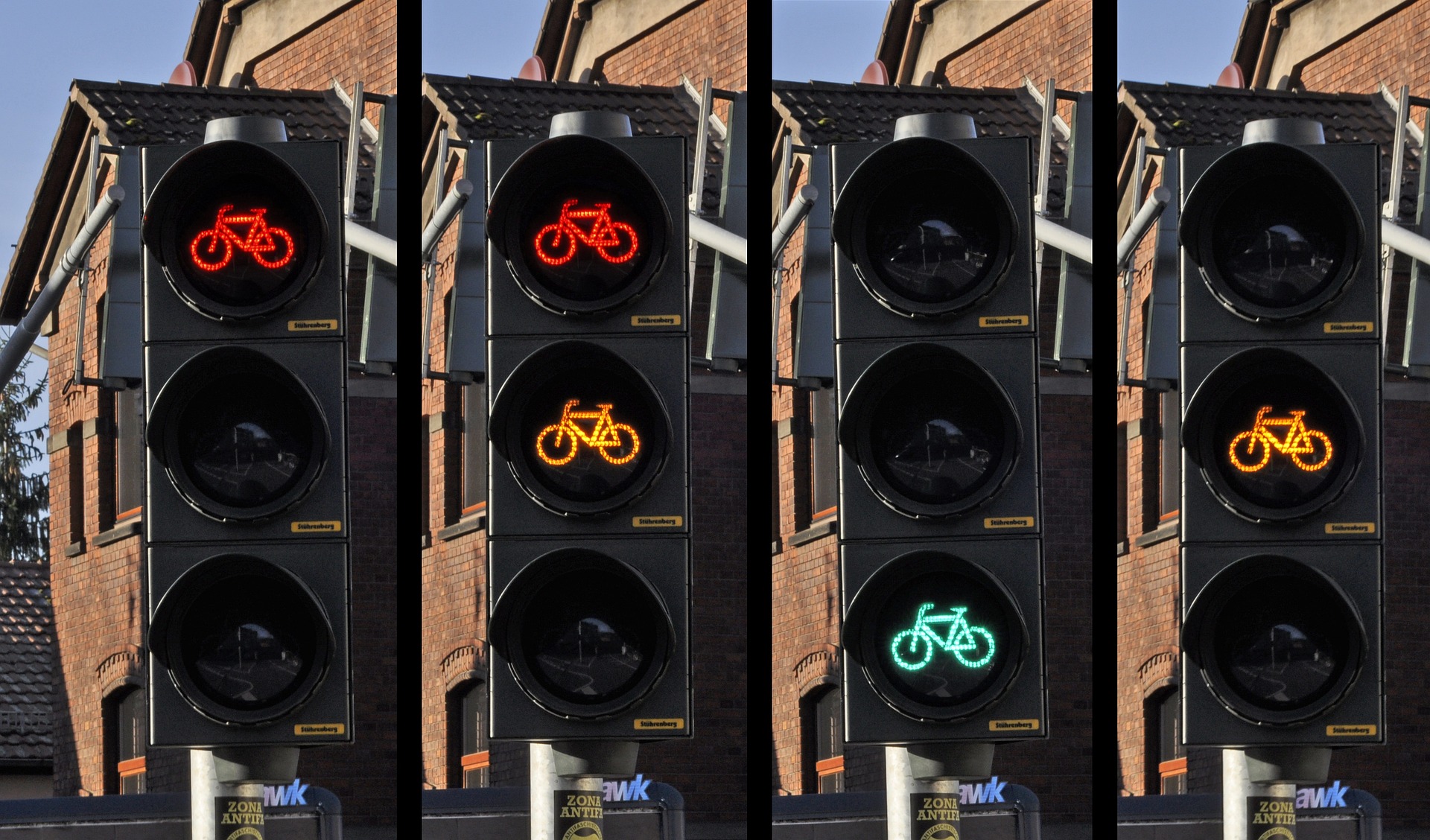 Fahrradampeln in verschiedenen Ampelphasen