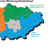 Karte vom Landkreis Marburg Biedenkopf. Farblich skizziert sind die 3 LEADER-Regionen.